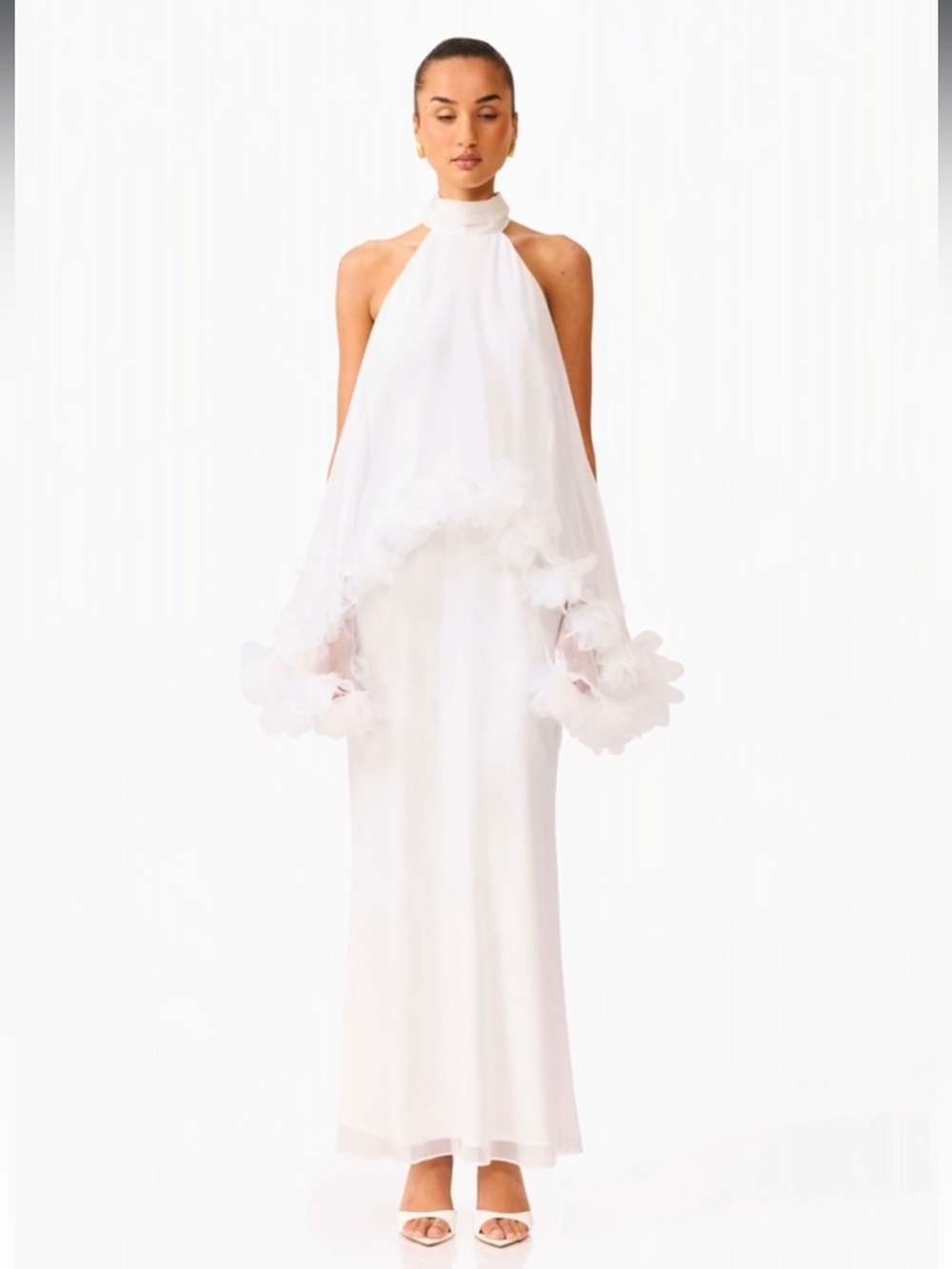 elliatt poppy white 3d floral trim hi-lo cape gown statement maxi dress small